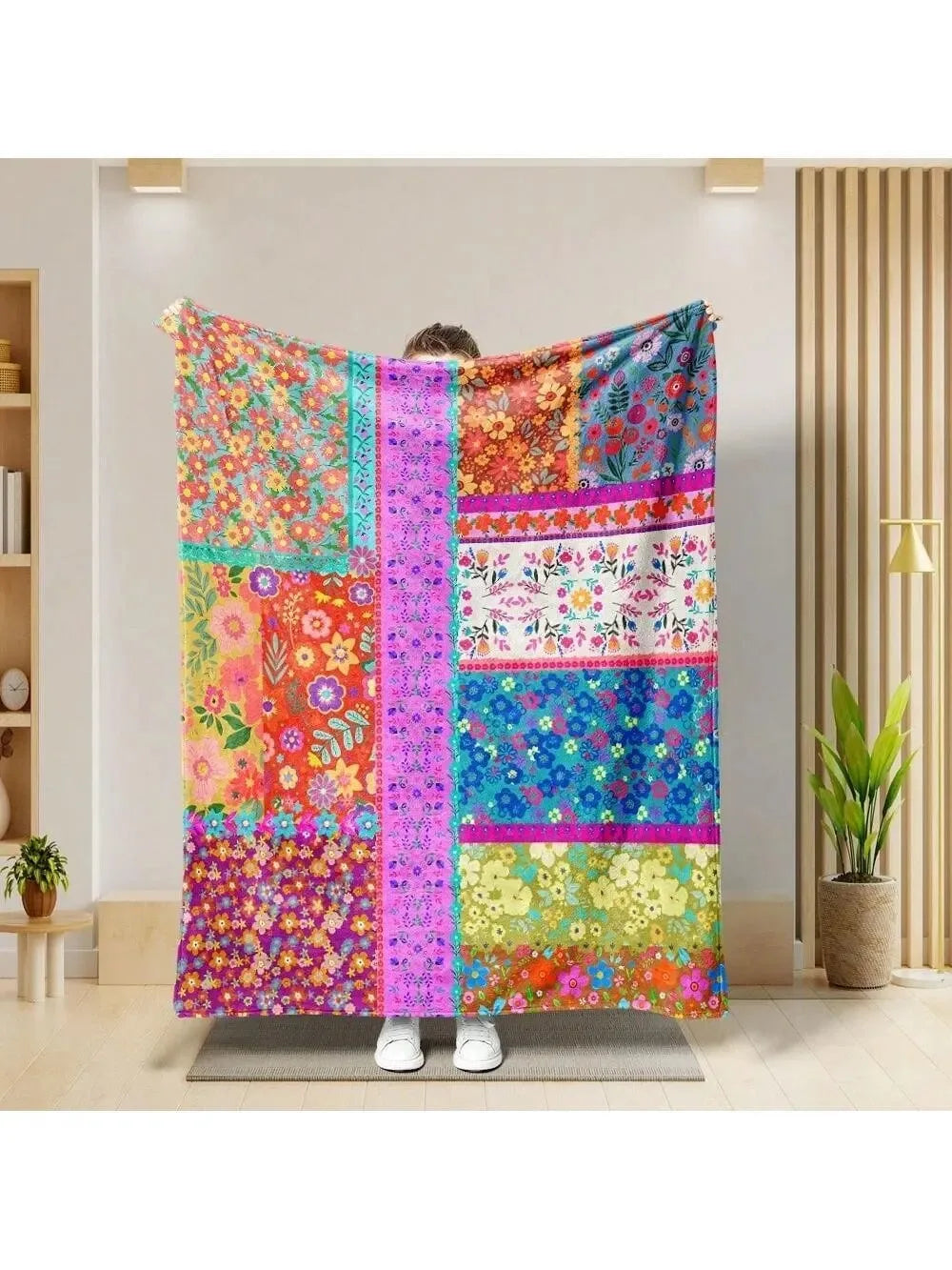 Bohemian style floral flannel blanket