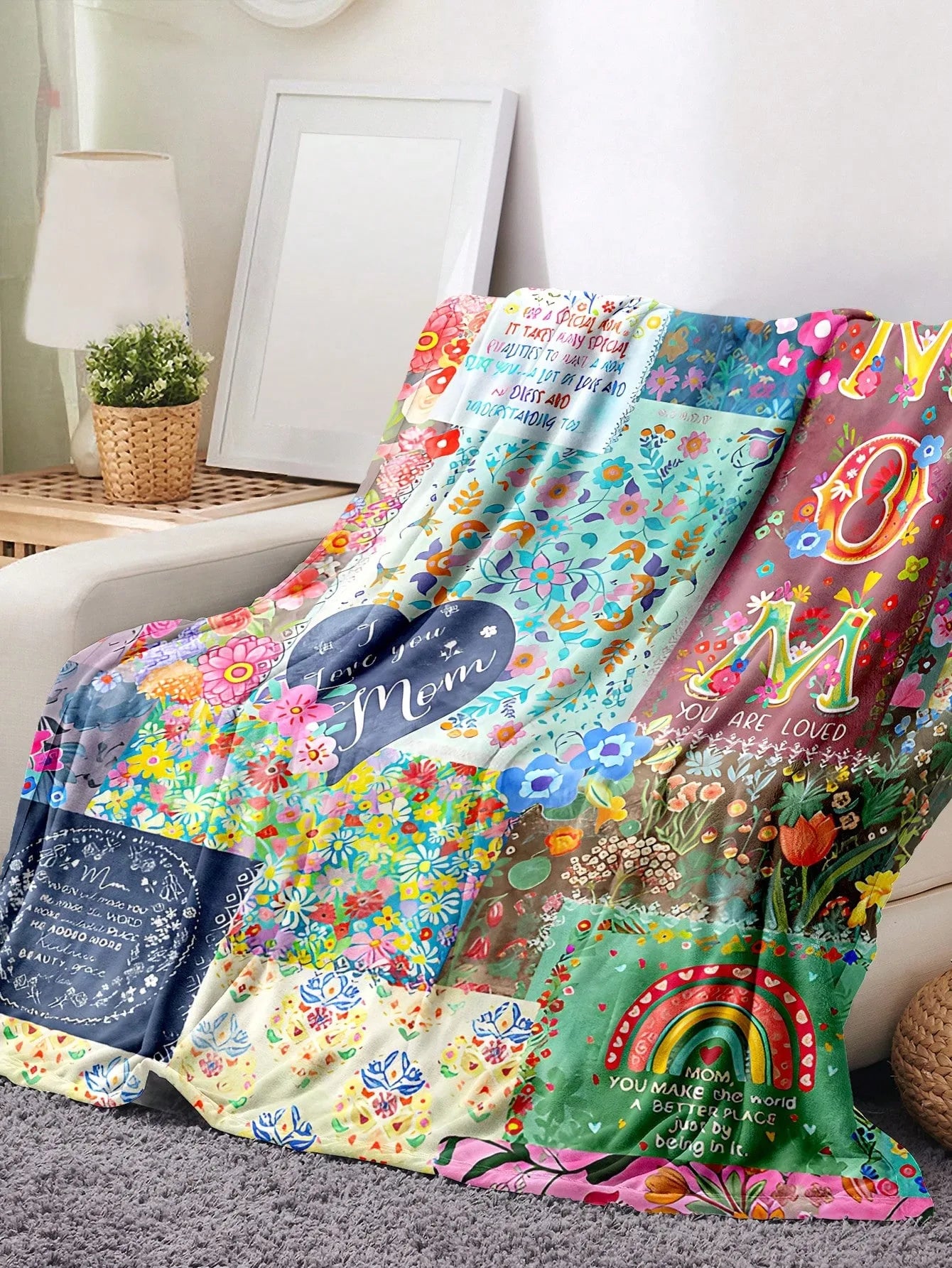 Bohemian style floral flannel blanket
