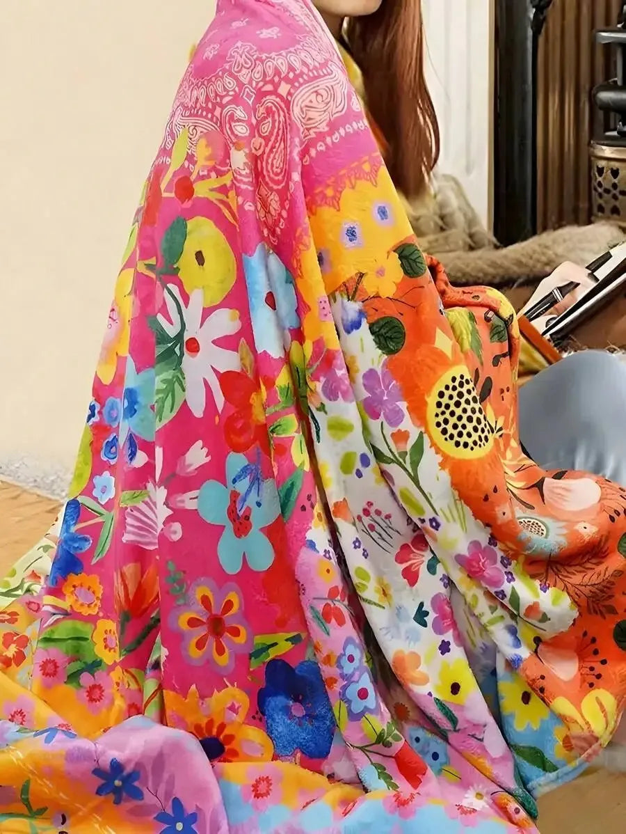 Bohemian style floral flannel blanket