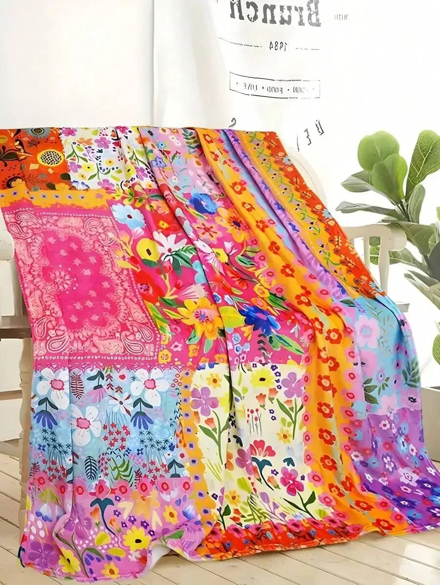 Bohemian style floral flannel blanket
