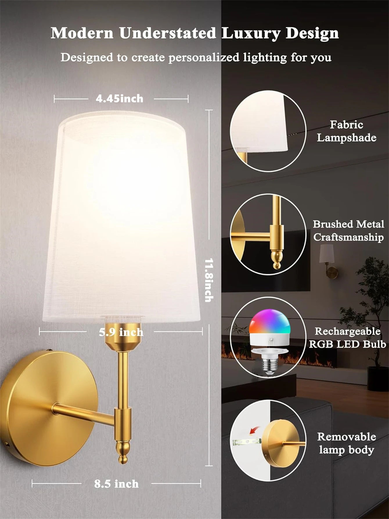 Wireless Rechargeable Battery-Powered Wall Light with 4000 Mah