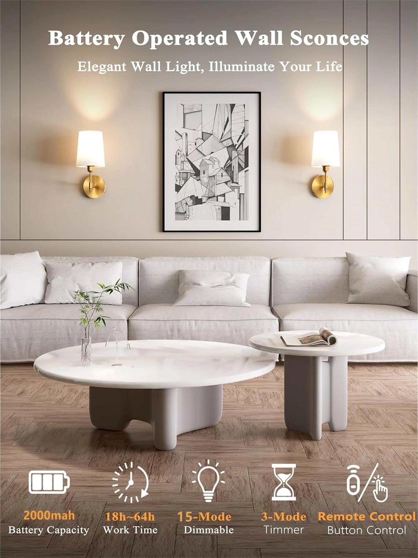 Wireless Rechargeable Battery-Powered Wall Light with 4000 Mah