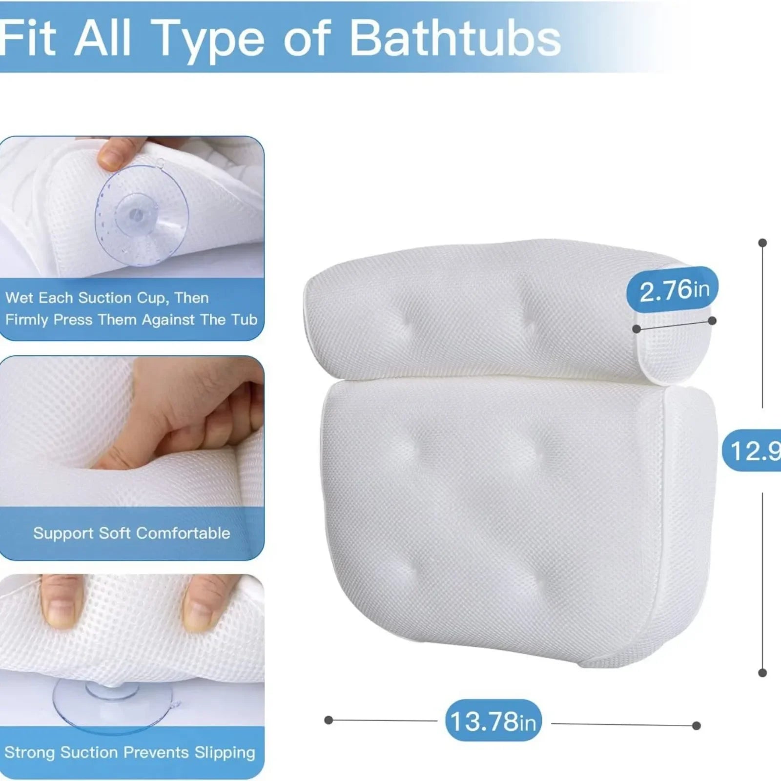 Spa Bathtub Pillow with Anti-Slip Suction Cups for Neck and Back Support