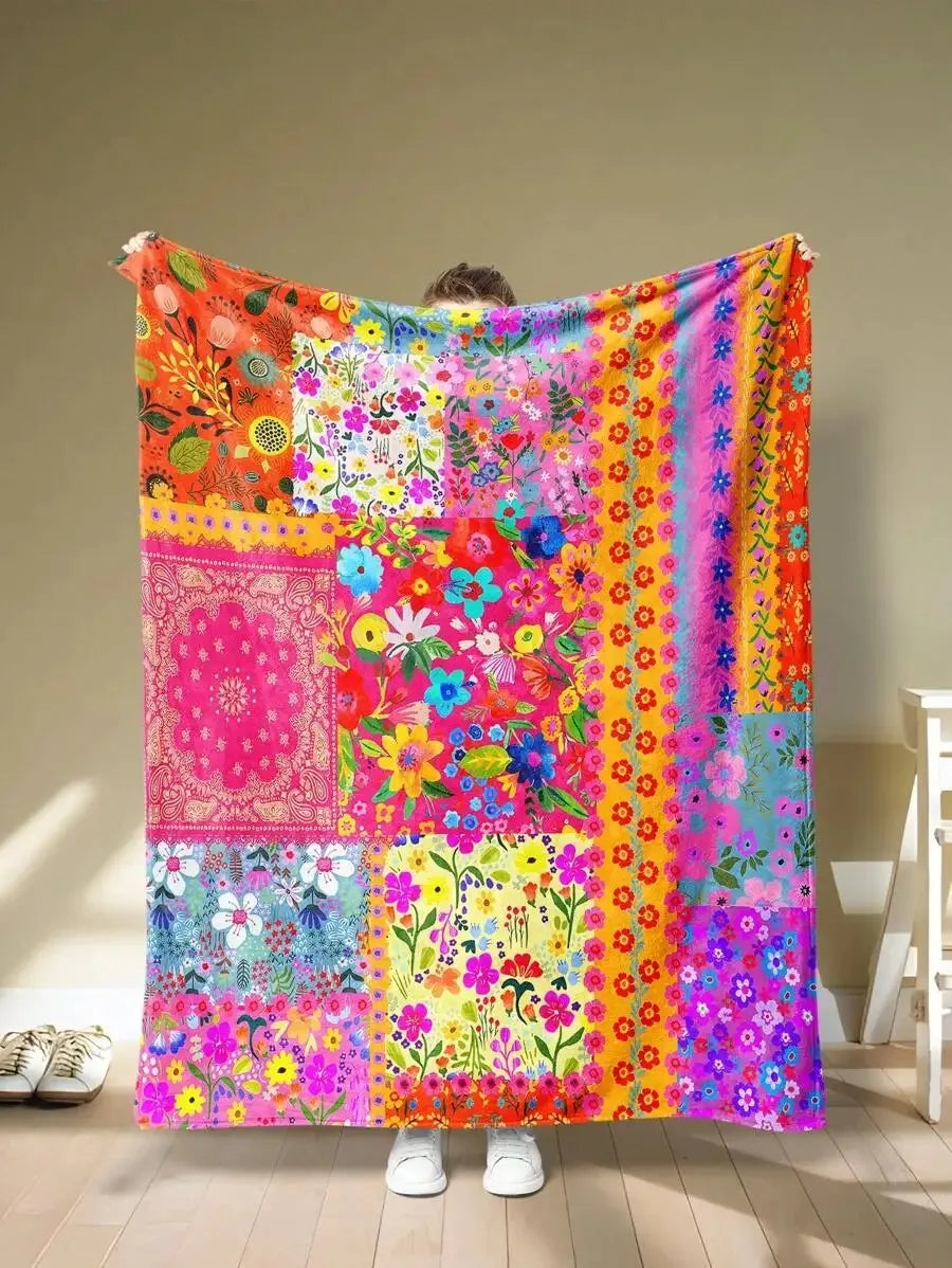 Bohemian style floral flannel blanket